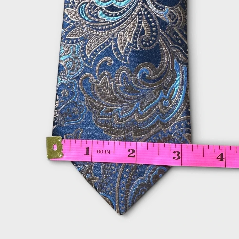 Tommy Hilfiger Mens Navy Blue Silver Paisley Woven Brocade Necktie 3.25